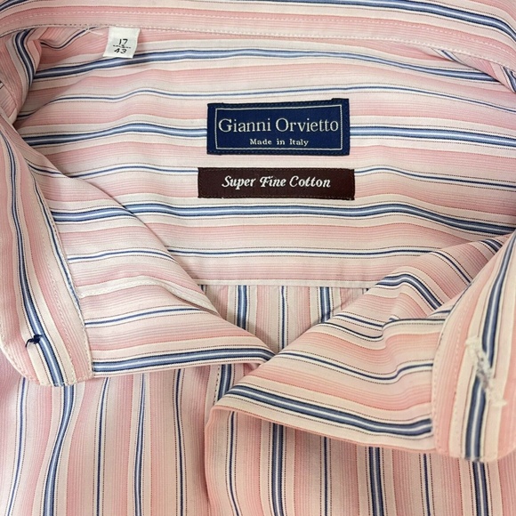 Gianni Orvietto Super Fine Cotton Italy Pink Blue Striped Dress Shirt Mens 17-36 - Picture 10 of 10